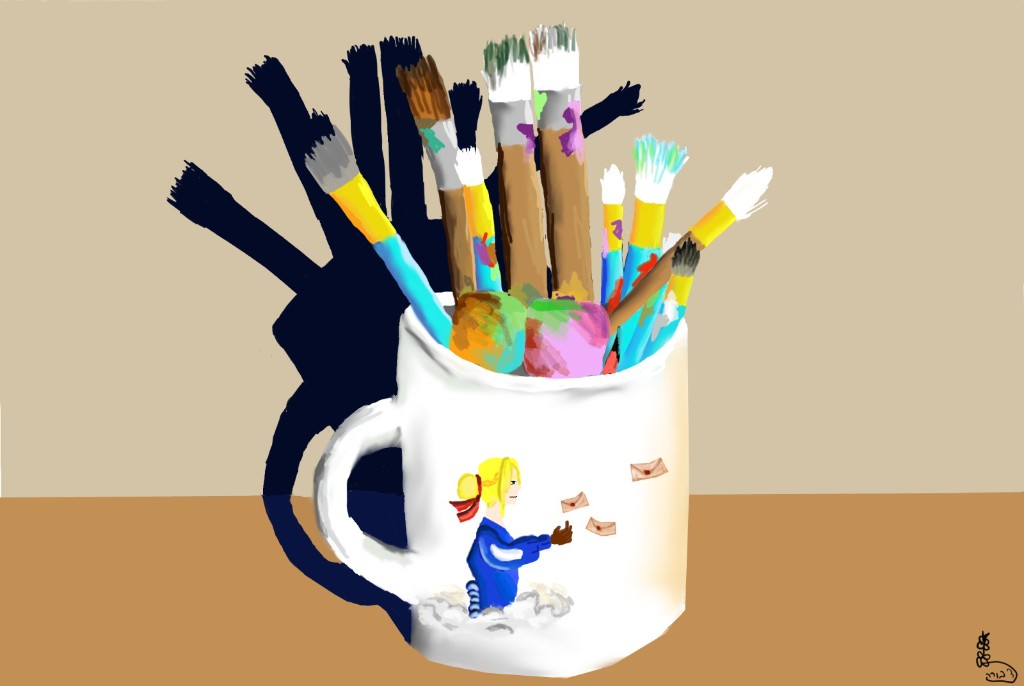 Digital painting of a white mug holding paintbrushes on an artist's desk