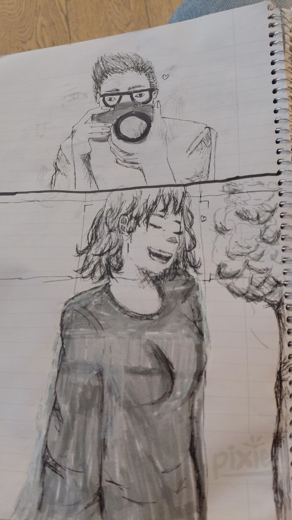 Manga-style two-panel drawing of a photographer and a laughing subject