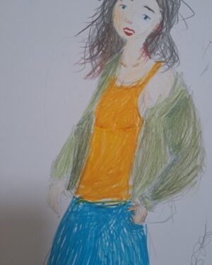 Colorful anime-style portrait of a girl in orange, green and blue