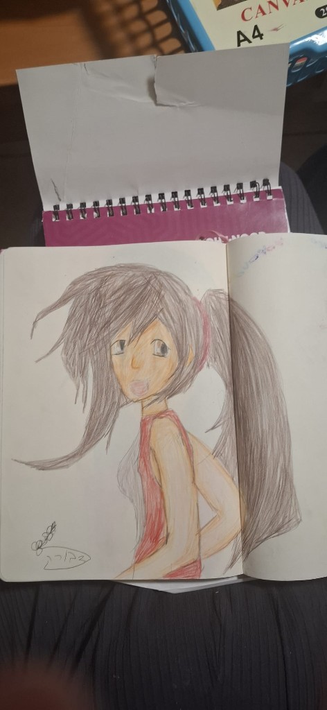 Anime-style colored pencil sketch of a girl looking over her shoulder in a sketchbook