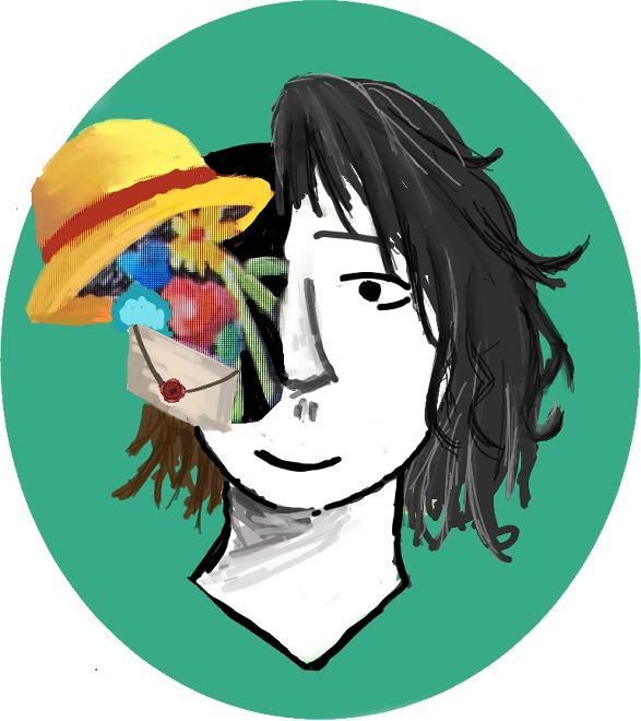 Surreal portrait of a figure with a straw hat, flowers, and a sealed letter inside the head