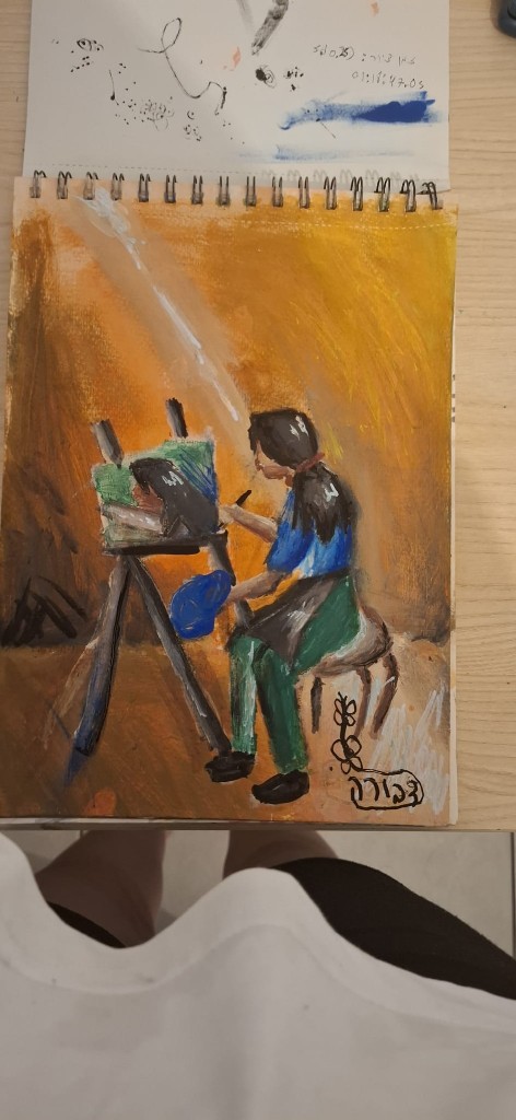 Expressive painting of an artist lit by a beam of sunlight at her easel