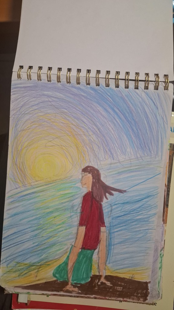Colored pencil sketch of a girl watching a yellow sunset over a lake