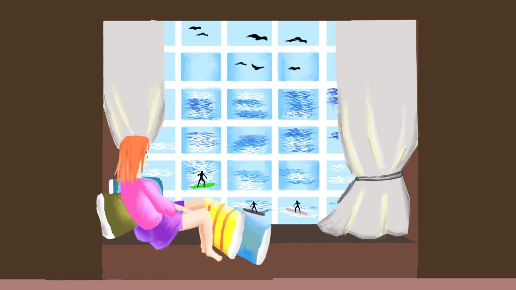 Digital painting of a woman on a window seat watching surfers and seagulls